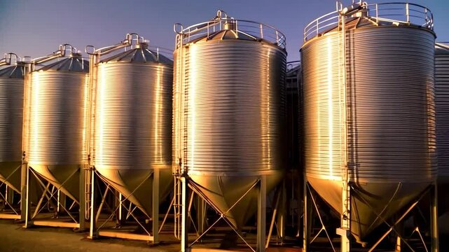 Four metal grain silos in a row