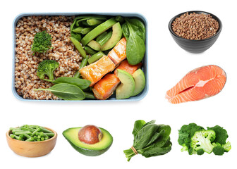 Dish with salmon and other ingredients on white background, collage