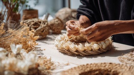 Artisan crafting corn husk wreath with dried flowers for autumn decor and seasonal celebration