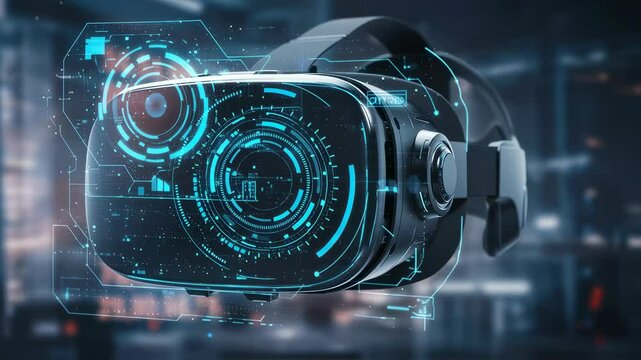 Modern virtual reality headset with futuristic interface. VR goggles for digital metaverse exploration for gaming and education footage.