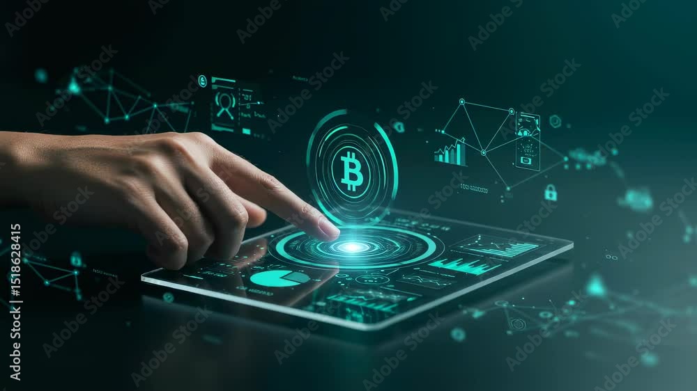 Poster man hand touching futuristic digital tablet with bitcoin symbol and data, blockchain network, crypto