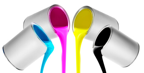 Paints of different colors pouring out of cans on white background, collage
