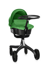 Baby carriage. Modern pram with green canopy isolated on white