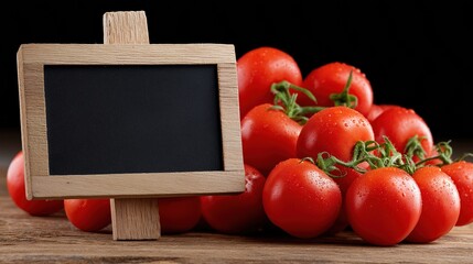 Fresh red tomatoes with empty chalkboard on rustic wooden table