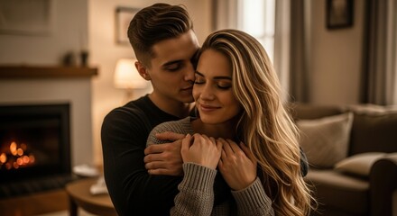 Romantic couple embracing by fireplace at home enjoying cozy moments and intimate relationship together indoors