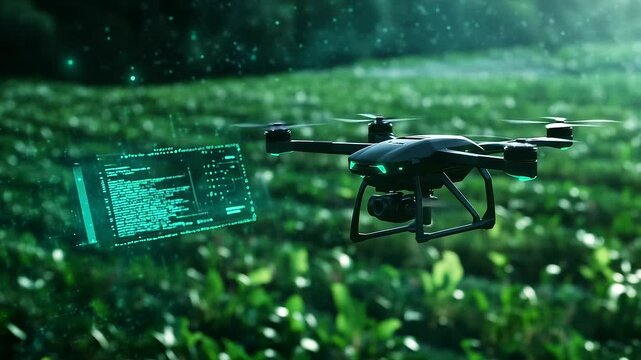 Drone flying over a field actively being irrigated, with live water monitoring interface overlayed on screen, futuristic smart farming concept - Powered by Adobe