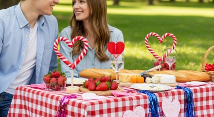 Romantic valentines day picnic date idea for couple with food and heart decorations in the park setting