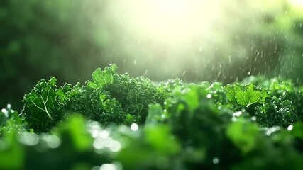 Green field of kale under arc-shaped water spray, with visible soil moisture and healthy crops, representing responsible water management
