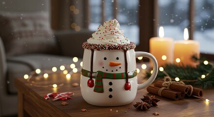 Festive snowman mug with whipped cream holiday drink christmas cozy winter season festive decoration