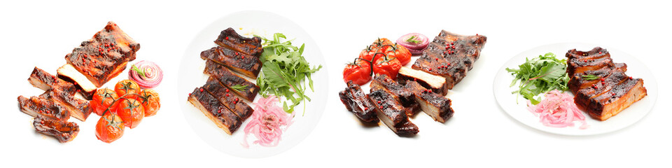 Delicious grilled ribs on white background, collage