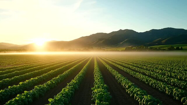 Irrigation system in motion at sunset, misting rows of cabbage and carrots, golden hour glow amplifying the green tones of sustainable agriculture