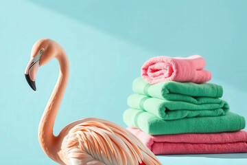 Naklejka premium Colorful towels and a flamingo decor create a vibrant atmosphere in a bright setting