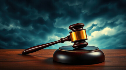 Gavel resting on a wooden desk with a dramatic stormy sky in the background