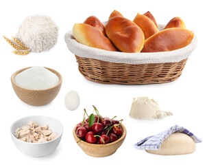 Tasty baked patties and ingredients isolated on white, set