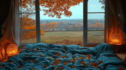 Autumn view from bed with warm lights and falling leaves