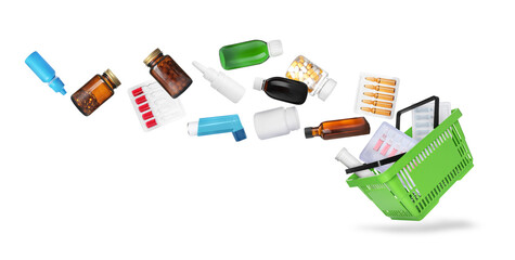 Shopping basket and different medications in air on white background, banner design