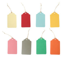 Many blank tags on white background, collage. Mockup for design