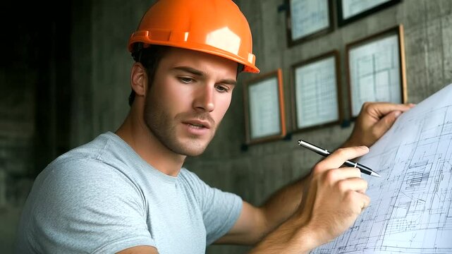 Engineer holding a pen and pointing at a large set of blueprints, orange safety helmet on, and framed engineering charts hanging on the wall behind
