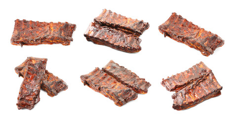 Delicious grilled ribs on white background, collage