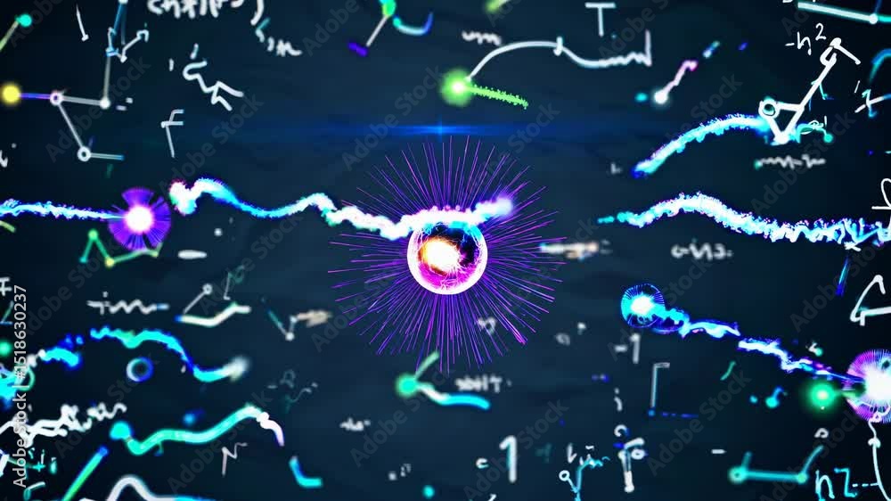 Poster complex mathematical equations and formulas surround a vibrant, glowing sphere, pulsating with radia
