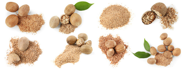 Nutmeg seeds on white background, set. Aromatic spice