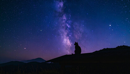 Fototapeta premium Silhouette of a Cat Against the Milky Way Galaxy at Night
