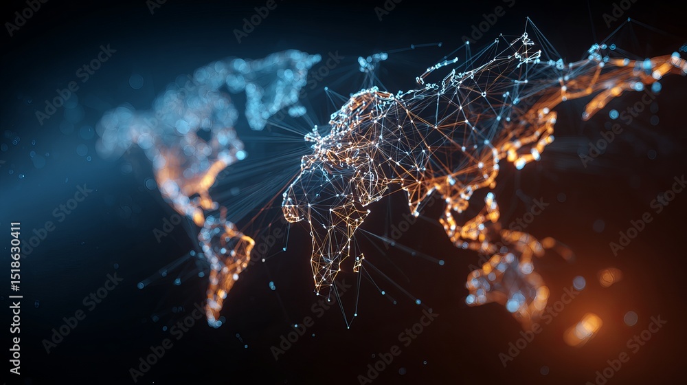 Poster global network connection abstract orange blue digital world map technology background futuristic da