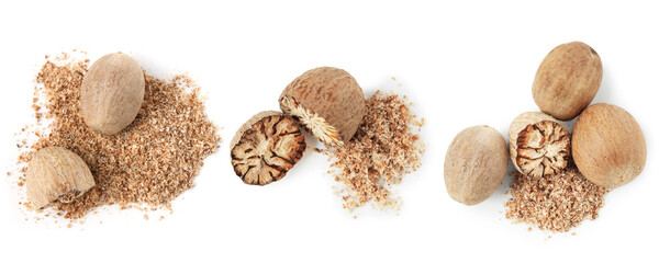 Nutmeg seeds on white background, set. Top view