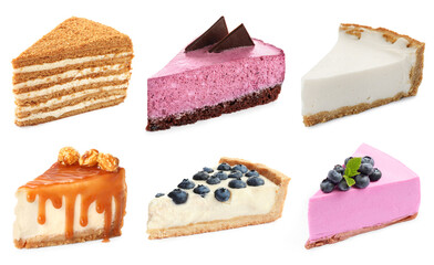 Different tasty cakes isolated on white, set
