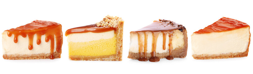 Different tasty cheesecakes isolated on white, set