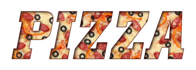 Word Pizza made of letters with pizza inside on white background. Banner design