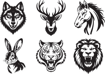Collection of Wild Animal Head Silhouettes Wolf Deer Horse Rabbit Tiger and Lion silhouette This image features collection