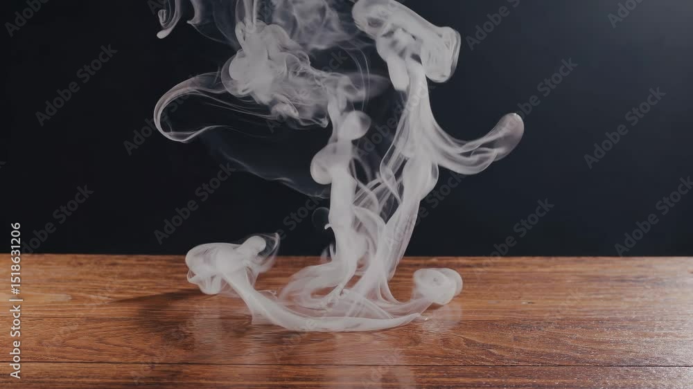 Poster white smoke is softly rising and swirling from a wooden surface, creating an ethereal and abstract s