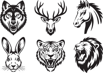 Collection of Animal Heads in Black and White Silhouette Style Featuring Wolf Deer Horse Rabbit Tiger and Lion silhouette