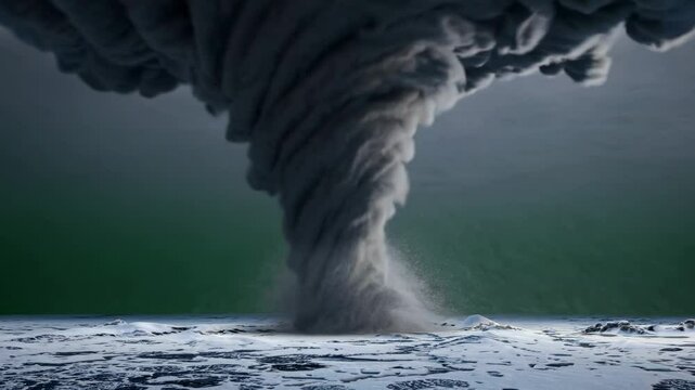 Huge swirling tornado forming over snowy plains with particles swirling around it, against a green screen background, ready for compositing and visual effects