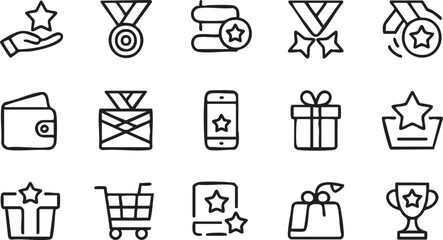 Assorted Rewards and Purchase Icons in Black Silhouette Style on a White Background silhouette This image displays collection
