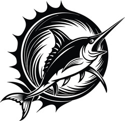 Naklejka premium Tribal Marlin Fish Vector Icon – Stylized Swordfish Leaping with Waves