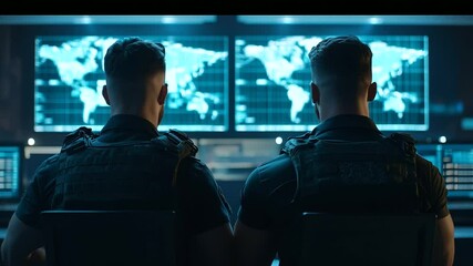 Two military personnel with short haircuts and gear vests sit focused in front of a digital supply chain map, monitors illuminating their backs in high-tech command operations room - Powered by Adobe