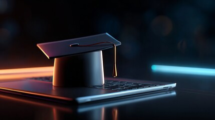 Graduation Cap on Laptop Modern Online Education Concept Digital Learning Degree Success Future Technology Stylish Dark Background Neon Lights Elearning Distance         