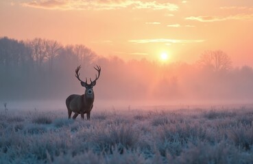 Magnificent stag stands in frosty field at sunrise. Majestic red deer in winter landscape against morning sky. Wildlife nature scene, cold season atmosphere.