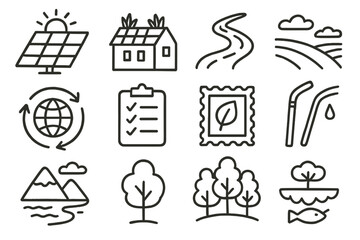 Eco-friendly icons: solar panel, sustainable house, nature, environment symbols