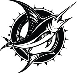 Tribal Marlin Fish Vector Icon – Stylized Swordfish Leaping with Waves