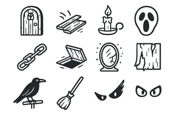 Obraz premium Halloween icons set: candle, mirror, ghost face, broom, and more