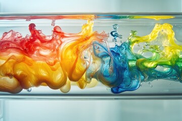 Colorful, viscous liquids merge and flow in water, creating a vibrant, dynamic abstract composition with captivating visual interest.