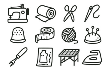 Sewing tools and supplies icons on olive background