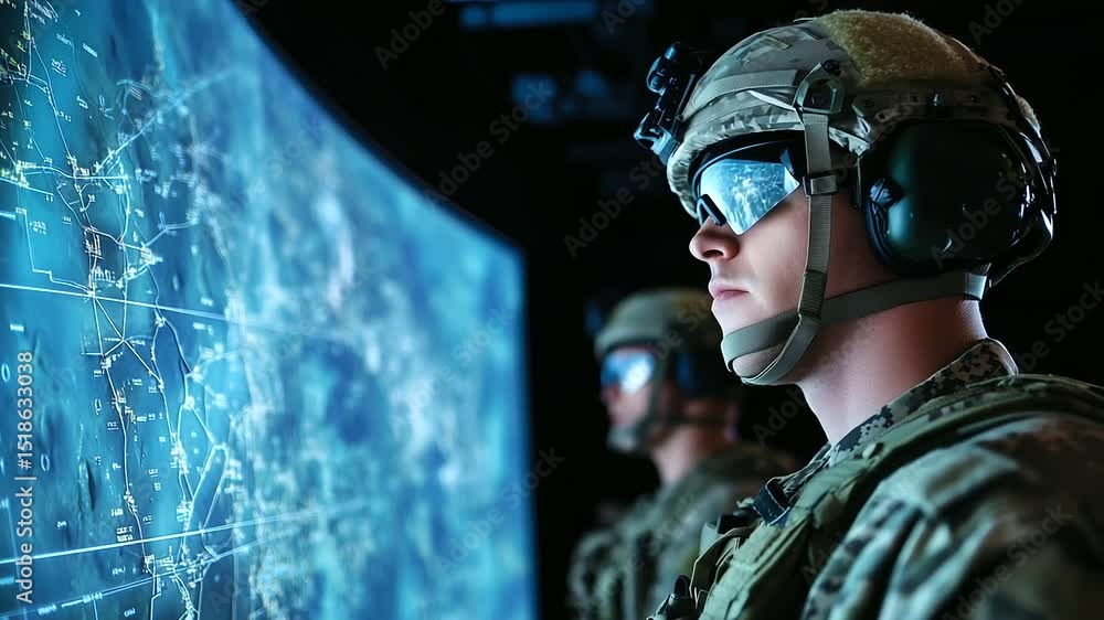 Poster two uniformed soldiers in helmets and tactical gear monitor satellite supply maps projected across w