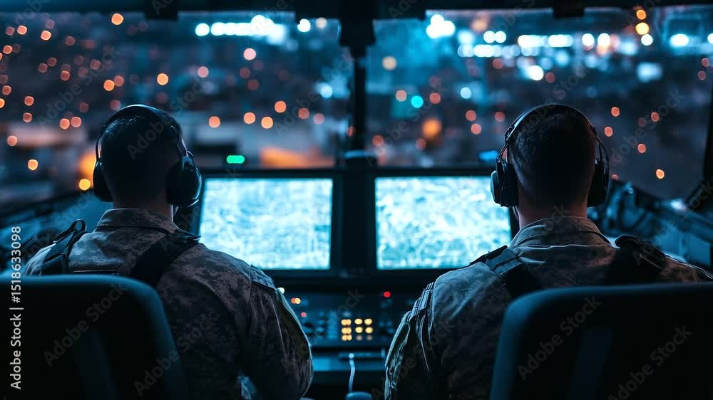Poster in a compact control room filled with flickering lights, the back view of two soldiers seated in fro