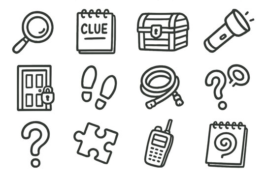Illustrated icons of escape room clues and mystery elements on yellow background
