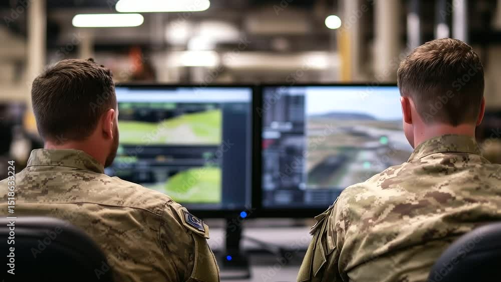 Aufkleber rear perspective of two men in military uniforms observing transport and resource tracking interface