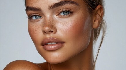 A young woman showcases her stunning features, highlighting her clear skin, freckles, and bright blue eyes, all set against a soft, neutral backdrop.